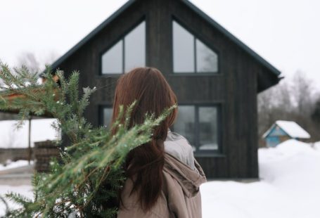 Home Preparation - a woman standing in front of a house holding a christmas tree